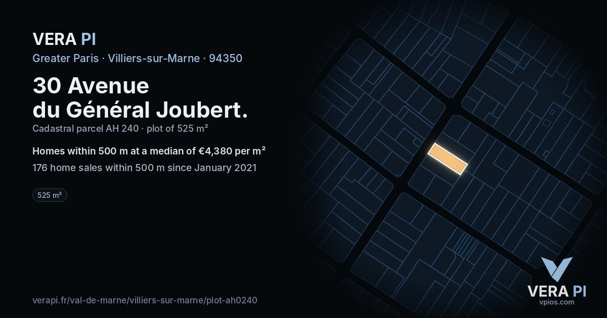 30 Avenue du Général Joubert, Villiers-sur-Marne at night – the plot lit, the parcels around coloured by the prices near them