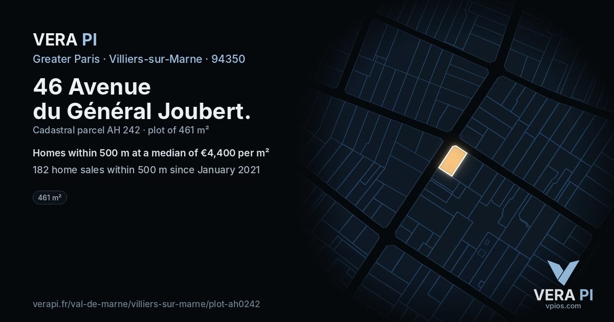 46 Avenue du Général Joubert, Villiers-sur-Marne at night – the plot lit, the parcels around coloured by the prices near them