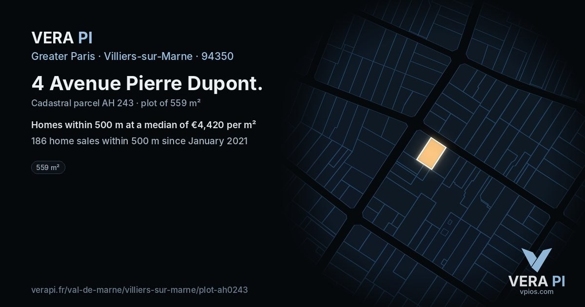 4 Avenue Pierre Dupont, Villiers-sur-Marne at night – the plot lit, the parcels around coloured by the prices near them