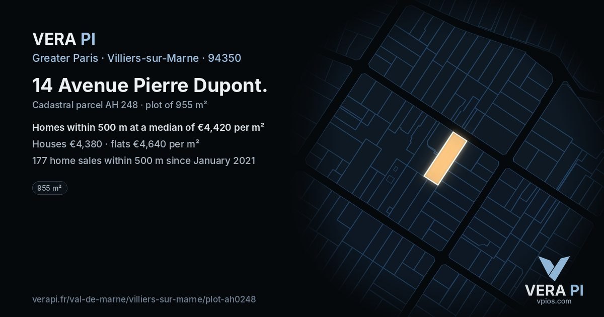 14 Avenue Pierre Dupont, Villiers-sur-Marne at night – the plot lit, the parcels around coloured by the prices near them