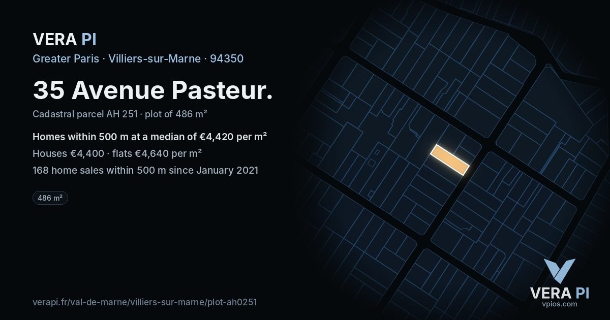 35 Avenue Pasteur, Villiers-sur-Marne at night – the plot lit, the parcels around coloured by the prices near them