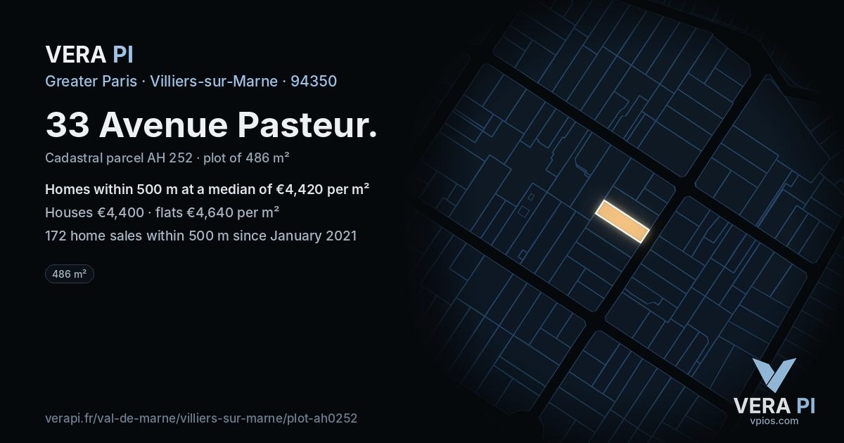 33 Avenue Pasteur, Villiers-sur-Marne at night – the plot lit, the parcels around coloured by the prices near them