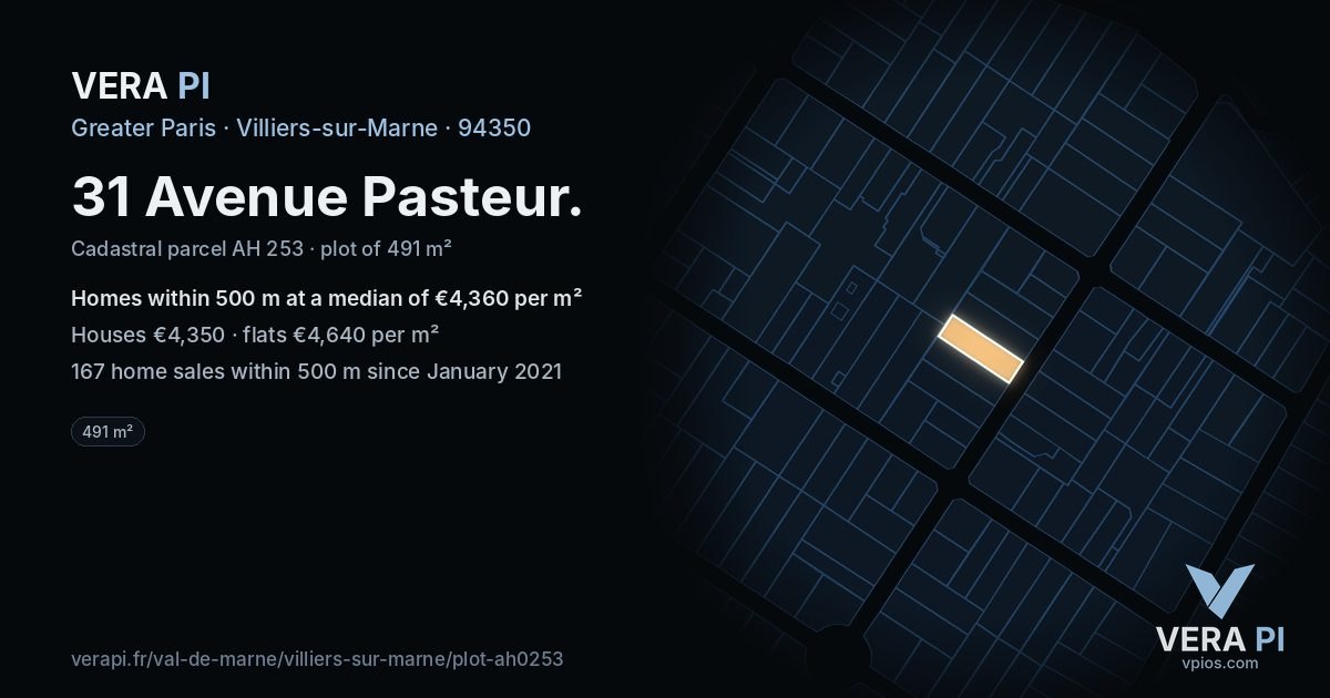 31 Avenue Pasteur, Villiers-sur-Marne at night – the plot lit, the parcels around coloured by the prices near them