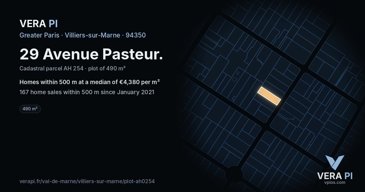 29 Avenue Pasteur, Villiers-sur-Marne at night – the plot lit, the parcels around coloured by the prices near them