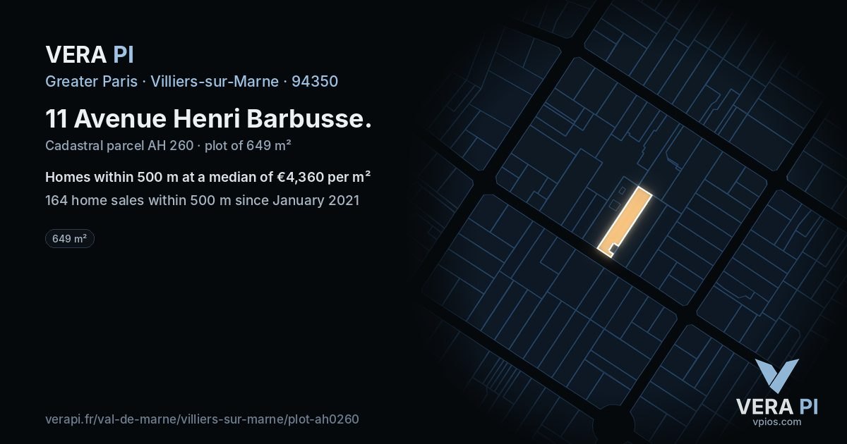 11 Avenue Henri Barbusse, Villiers-sur-Marne at night – the plot lit, the parcels around coloured by the prices near them