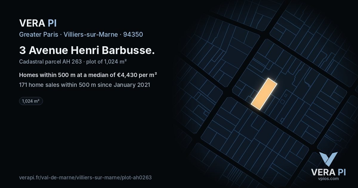 3 Avenue Henri Barbusse, Villiers-sur-Marne at night – the plot lit, the parcels around coloured by the prices near them