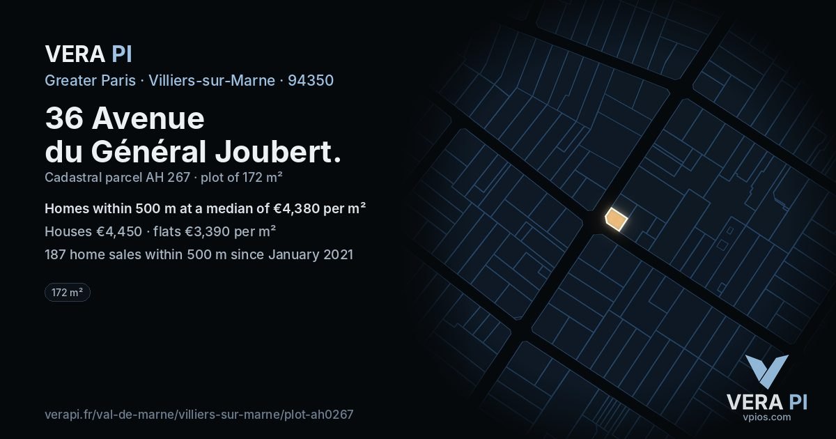 36 Avenue du Général Joubert, Villiers-sur-Marne at night – the plot lit, the parcels around coloured by the prices near them