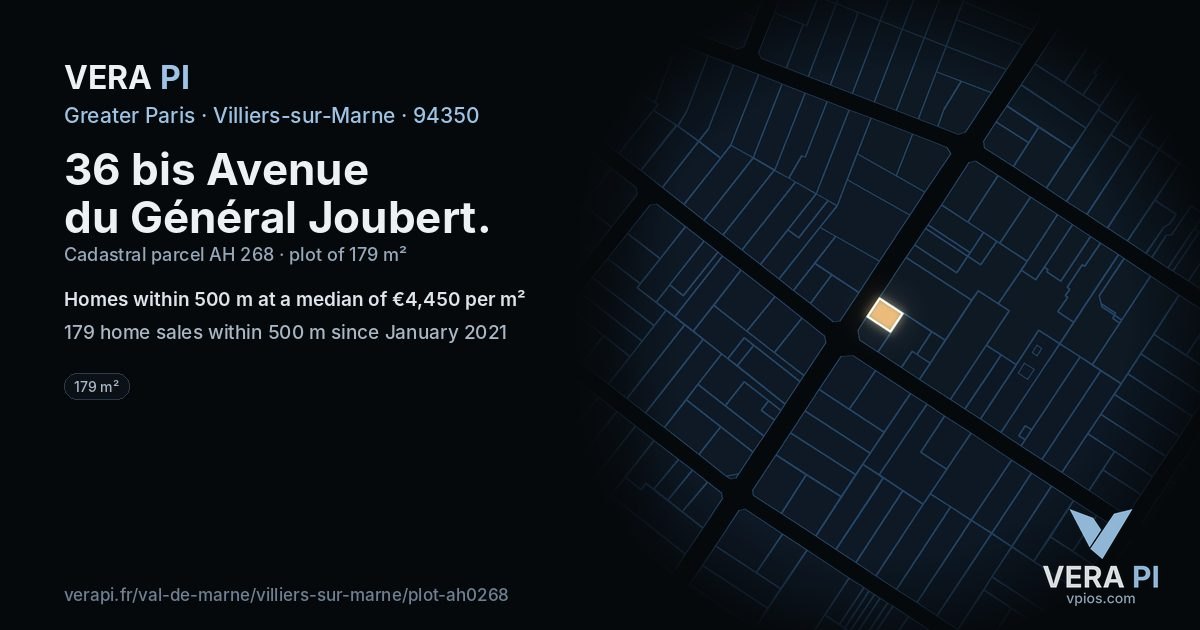 36 bis Avenue du Général Joubert, Villiers-sur-Marne at night – the plot lit, the parcels around coloured by the prices near them