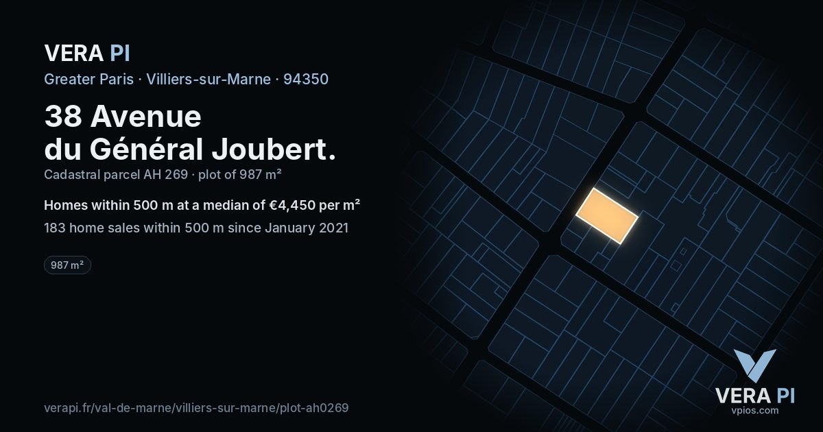 38 Avenue du Général Joubert, Villiers-sur-Marne at night – the plot lit, the parcels around coloured by the prices near them