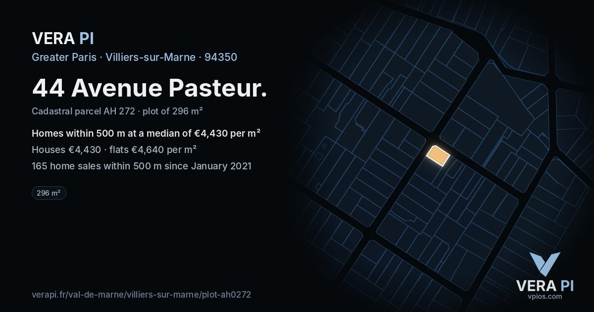 44 Avenue Pasteur, Villiers-sur-Marne at night – the plot lit, the parcels around coloured by the prices near them