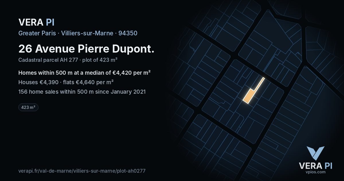 26 Avenue Pierre Dupont, Villiers-sur-Marne at night – the plot lit, the parcels around coloured by the prices near them
