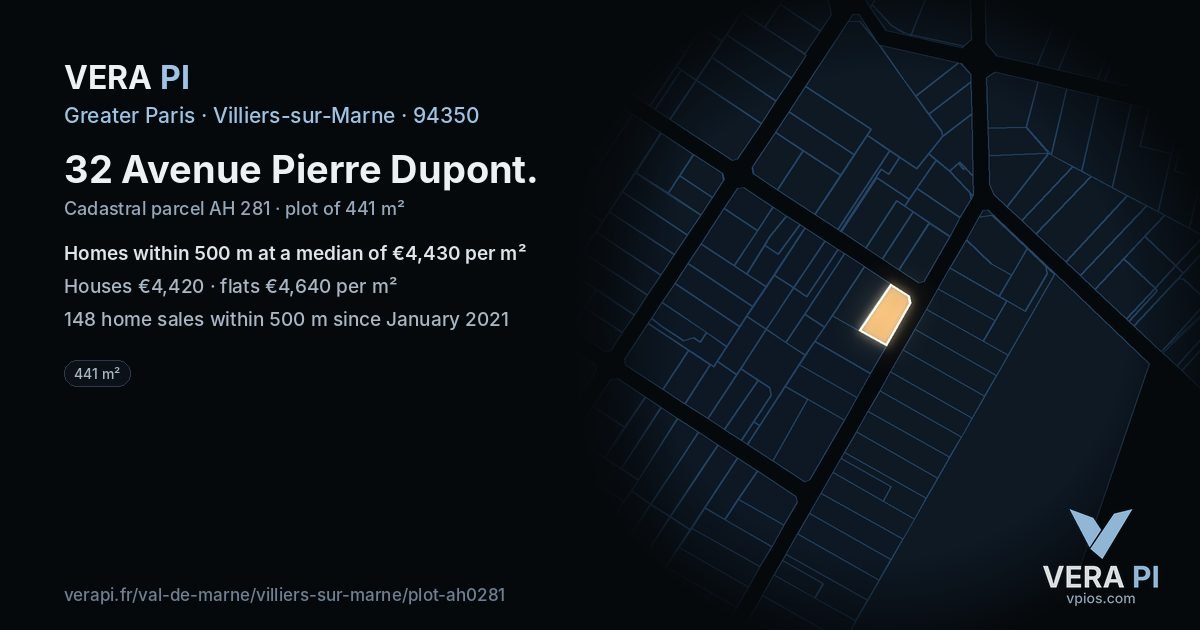 32 Avenue Pierre Dupont, Villiers-sur-Marne at night – the plot lit, the parcels around coloured by the prices near them