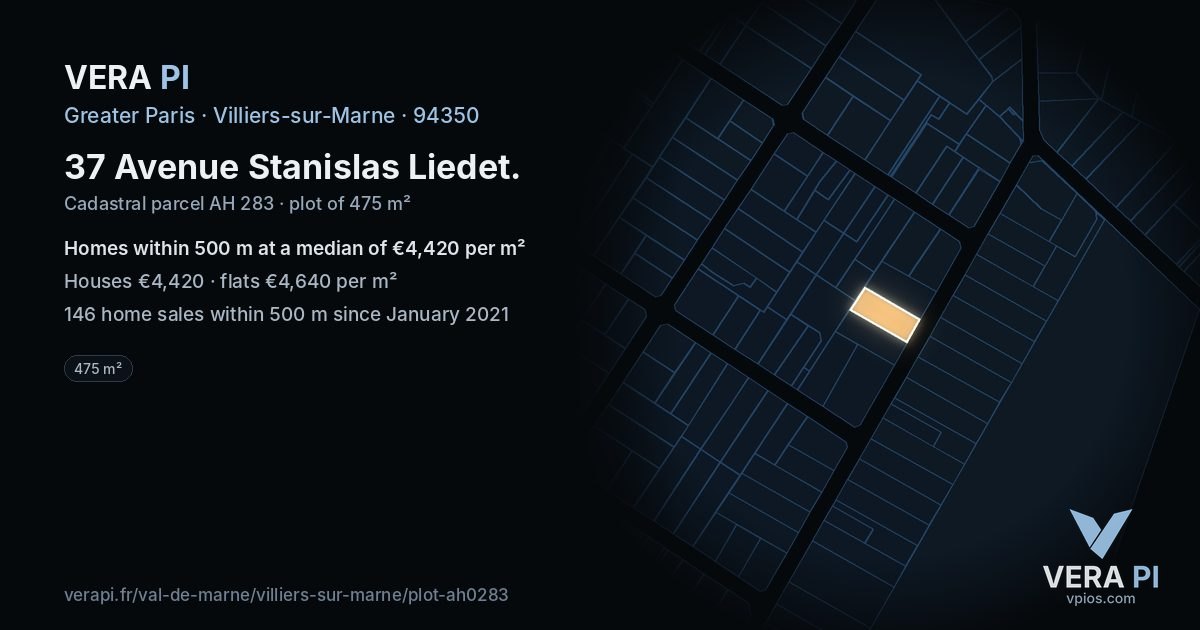 37 Avenue Stanislas Liedet, Villiers-sur-Marne at night – the plot lit, the parcels around coloured by the prices near them