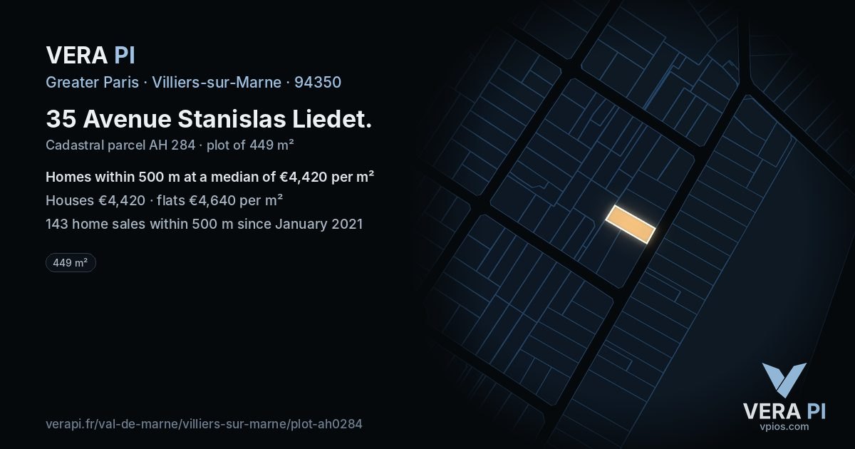35 Avenue Stanislas Liedet, Villiers-sur-Marne at night – the plot lit, the parcels around coloured by the prices near them