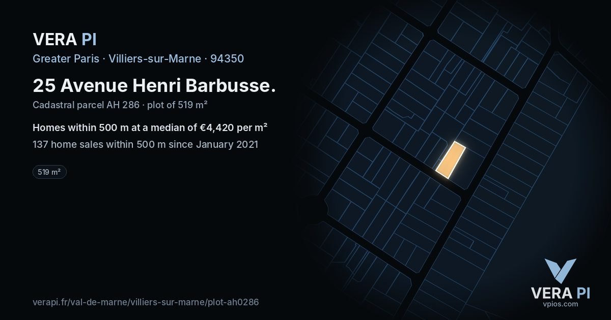 25 Avenue Henri Barbusse, Villiers-sur-Marne at night – the plot lit, the parcels around coloured by the prices near them