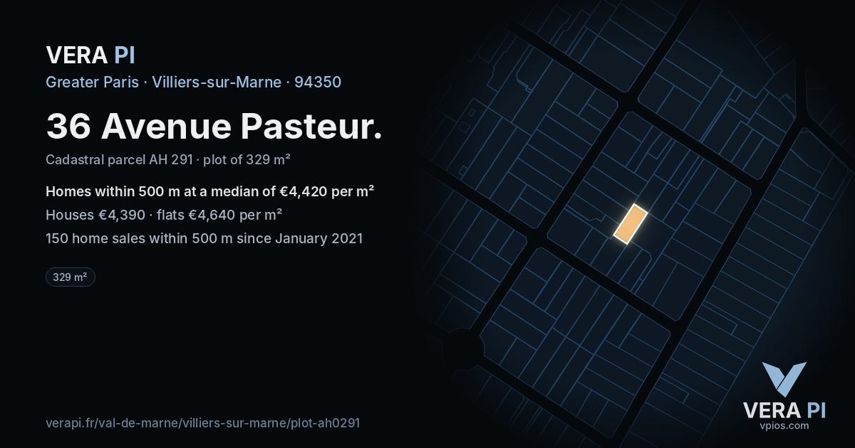 36 Avenue Pasteur, Villiers-sur-Marne at night – the plot lit, the parcels around coloured by the prices near them
