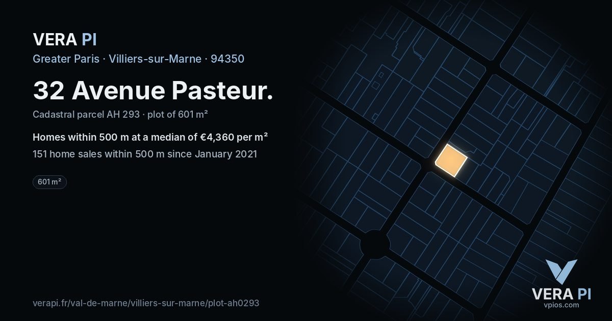 32 Avenue Pasteur, Villiers-sur-Marne at night – the plot lit, the parcels around coloured by the prices near them