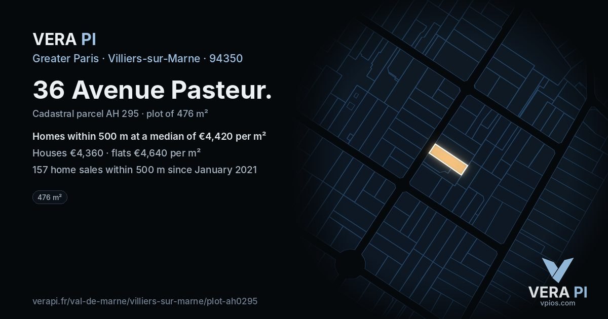 36 Avenue Pasteur, Villiers-sur-Marne at night – the plot lit, the parcels around coloured by the prices near them