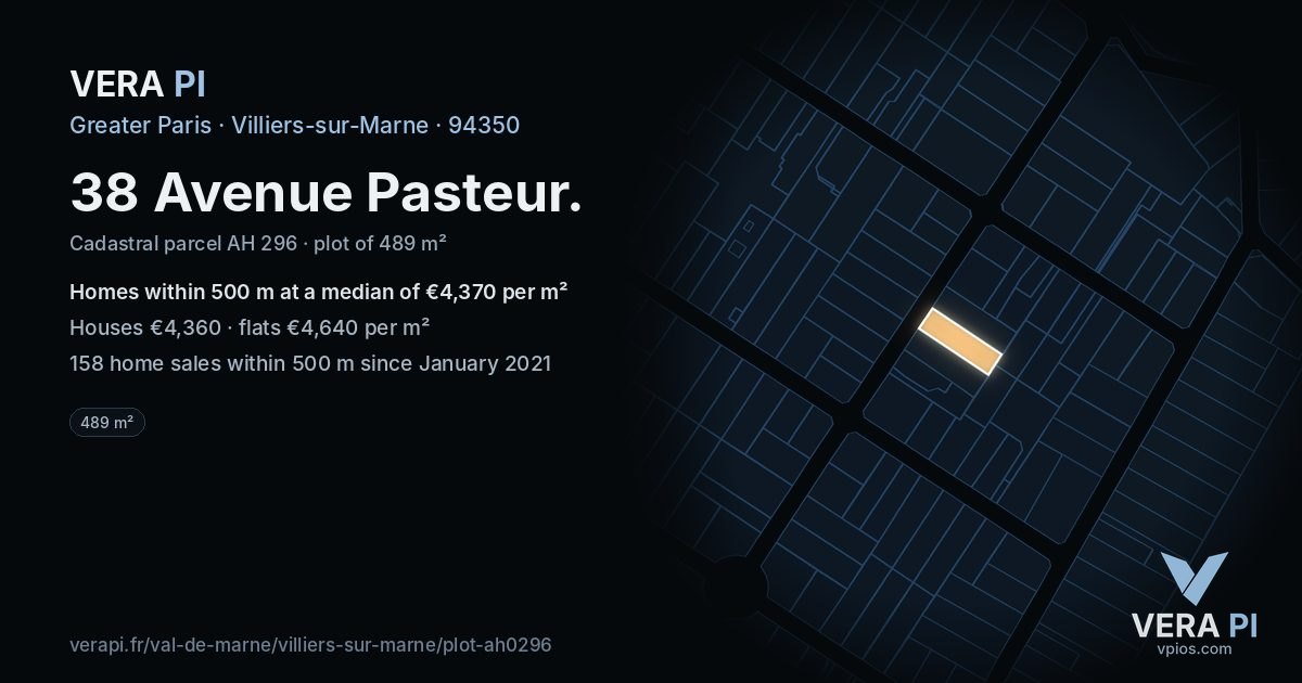 38 Avenue Pasteur, Villiers-sur-Marne at night – the plot lit, the parcels around coloured by the prices near them