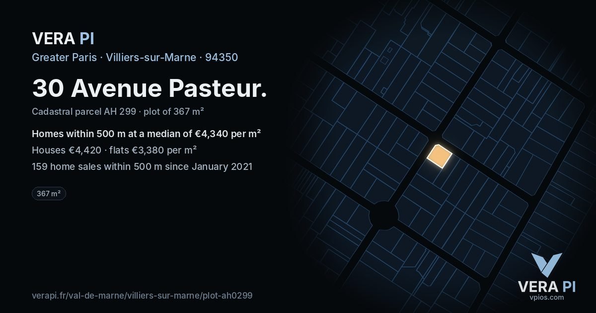 30 Avenue Pasteur, Villiers-sur-Marne at night – the plot lit, the parcels around coloured by the prices near them