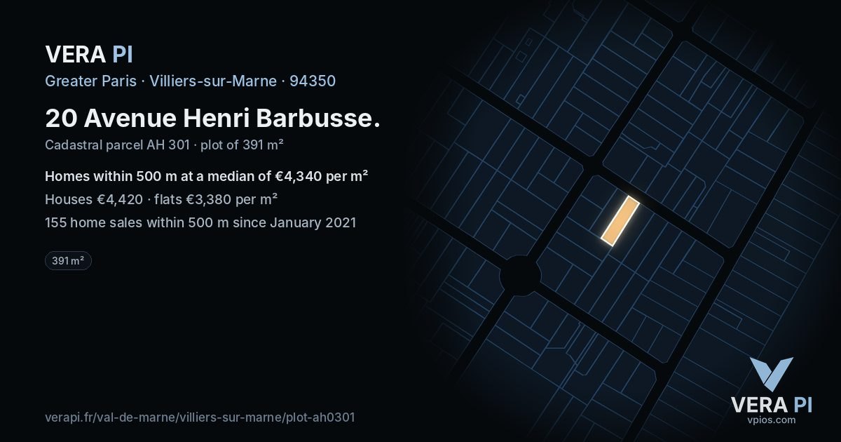 20 Avenue Henri Barbusse, Villiers-sur-Marne at night – the plot lit, the parcels around coloured by the prices near them