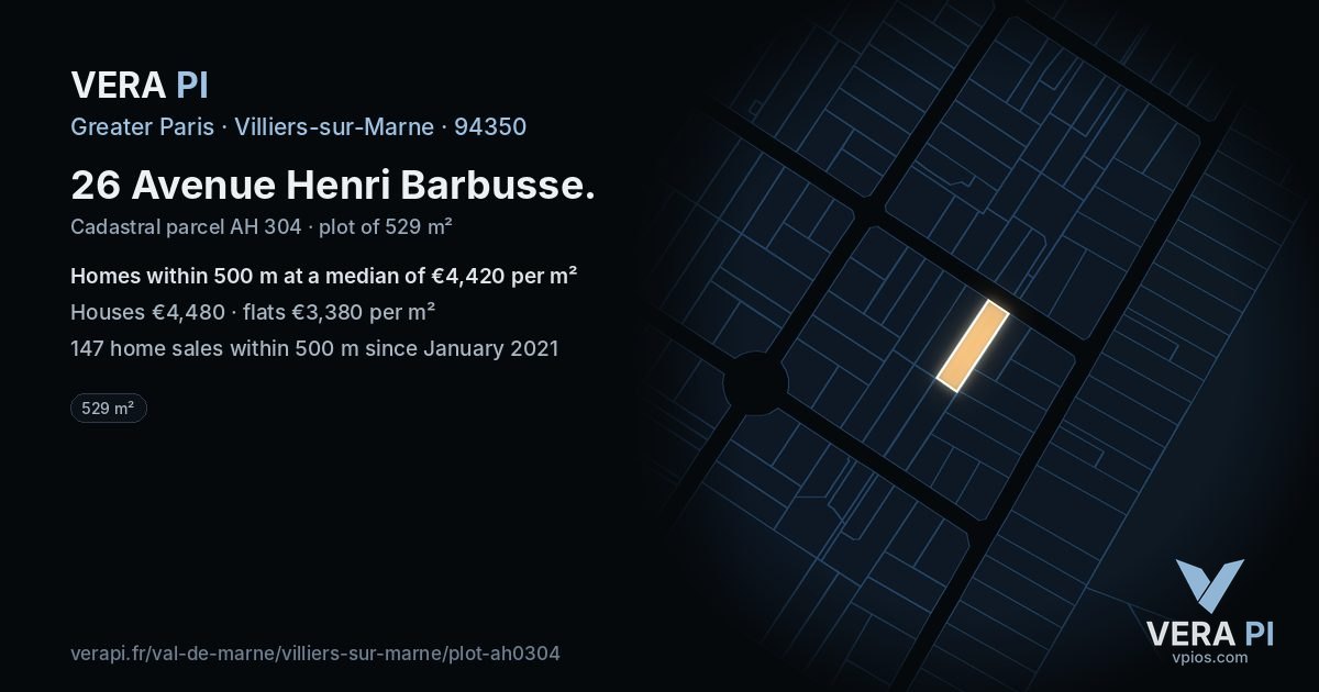 26 Avenue Henri Barbusse, Villiers-sur-Marne at night – the plot lit, the parcels around coloured by the prices near them