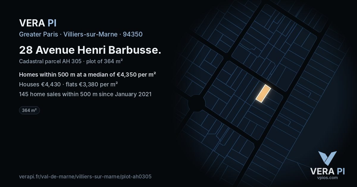 28 Avenue Henri Barbusse, Villiers-sur-Marne at night – the plot lit, the parcels around coloured by the prices near them