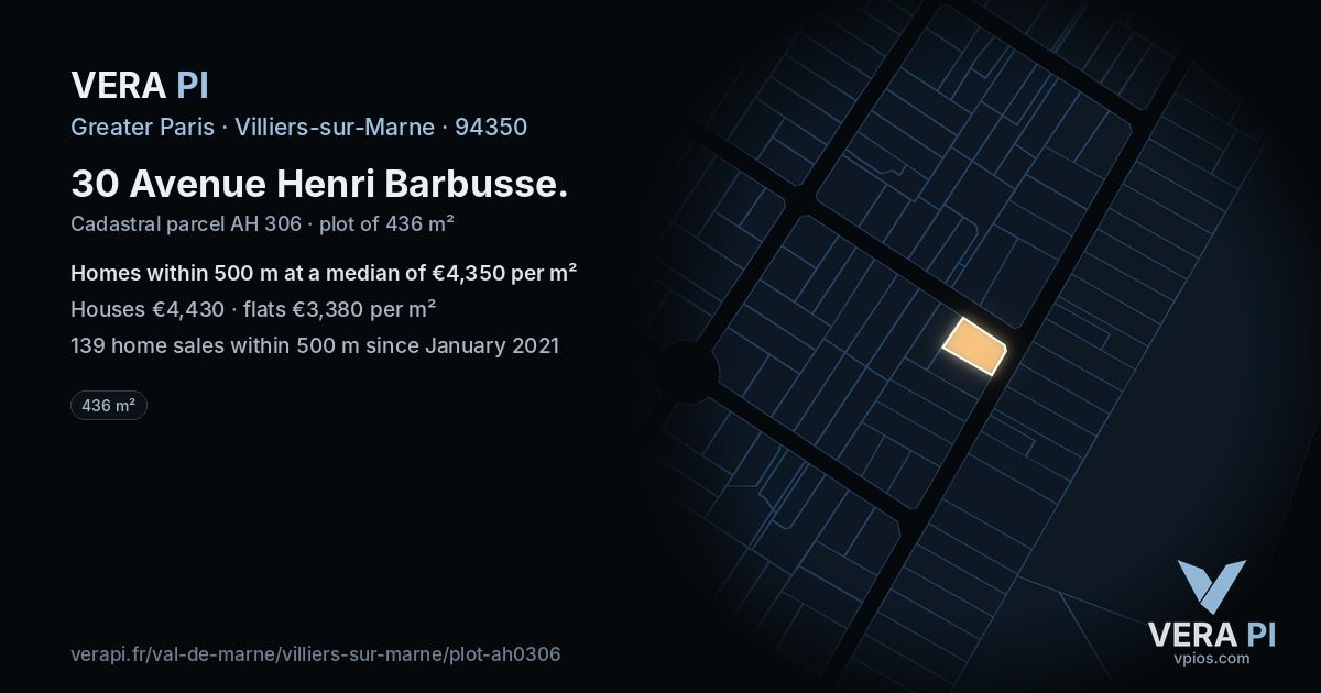30 Avenue Henri Barbusse, Villiers-sur-Marne at night – the plot lit, the parcels around coloured by the prices near them
