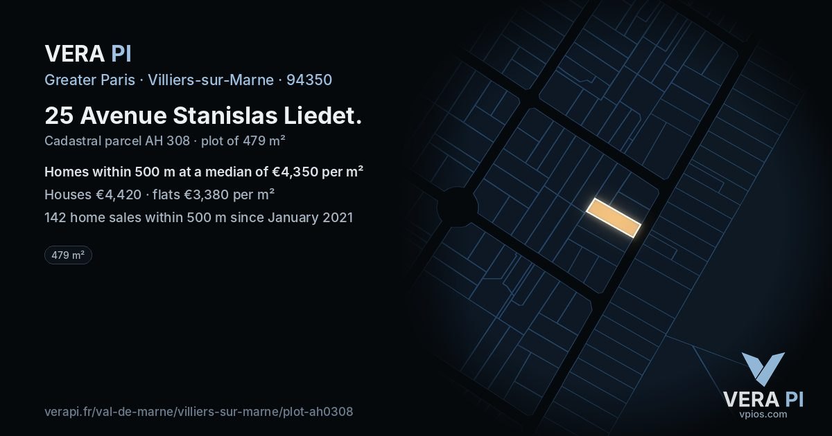 25 Avenue Stanislas Liedet, Villiers-sur-Marne at night – the plot lit, the parcels around coloured by the prices near them
