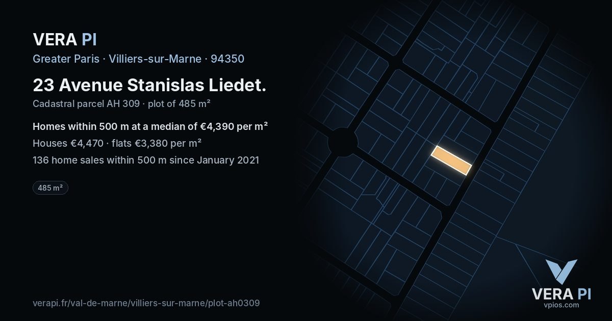 23 Avenue Stanislas Liedet, Villiers-sur-Marne at night – the plot lit, the parcels around coloured by the prices near them