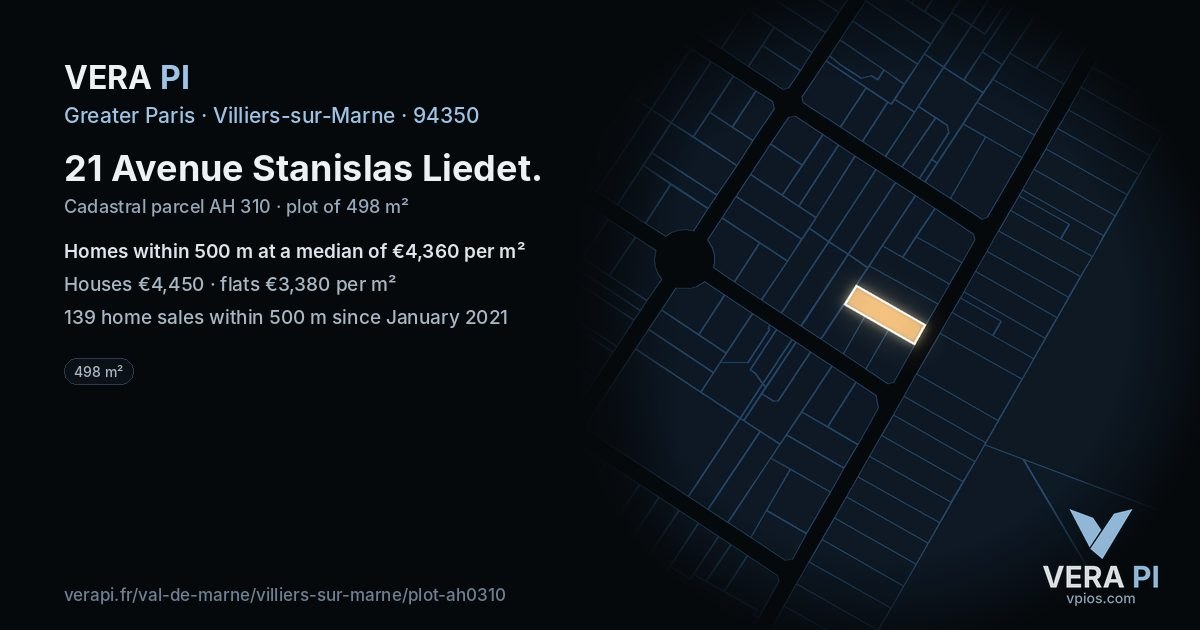 21 Avenue Stanislas Liedet, Villiers-sur-Marne at night – the plot lit, the parcels around coloured by the prices near them