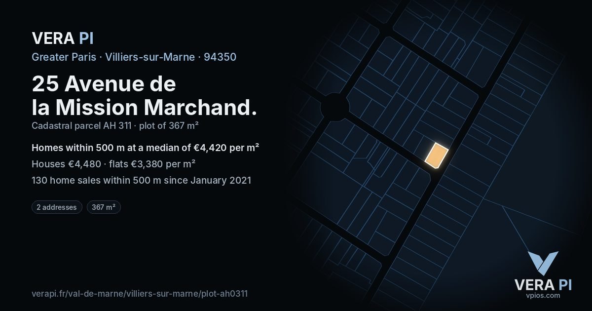 25 Avenue de la Mission Marchand, Villiers-sur-Marne at night – the plot lit, the parcels around coloured by the prices near them
