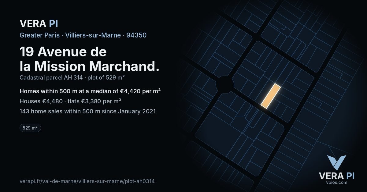 19 Avenue de la Mission Marchand, Villiers-sur-Marne at night – the plot lit, the parcels around coloured by the prices near them