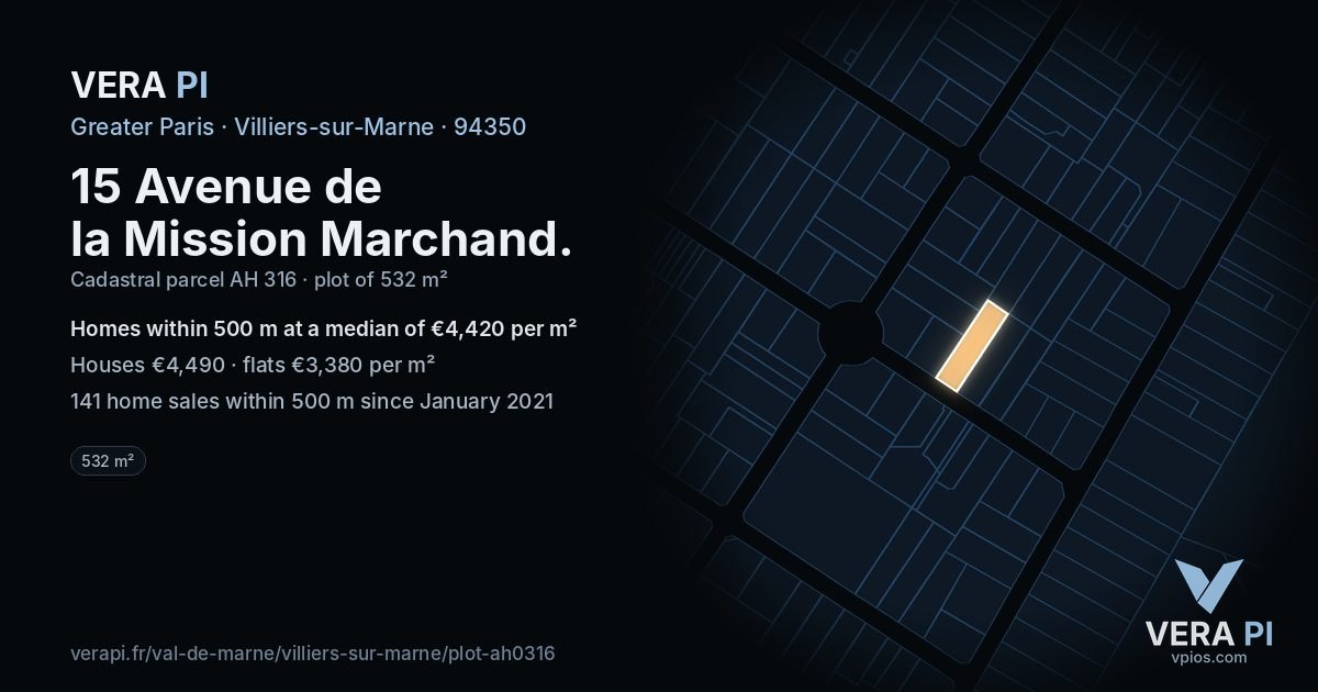 15 Avenue de la Mission Marchand, Villiers-sur-Marne at night – the plot lit, the parcels around coloured by the prices near them