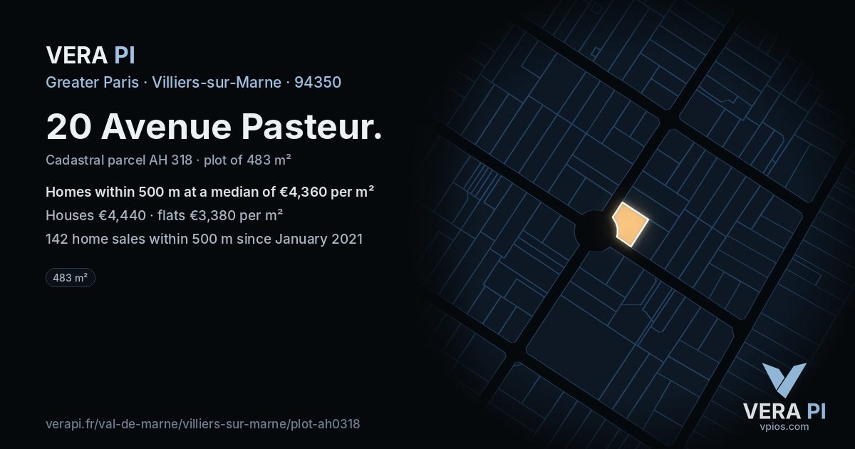 20 Avenue Pasteur, Villiers-sur-Marne at night – the plot lit, the parcels around coloured by the prices near them