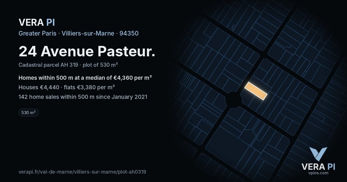 24 Avenue Pasteur, Villiers-sur-Marne at night – the plot lit, the parcels around coloured by the prices near them