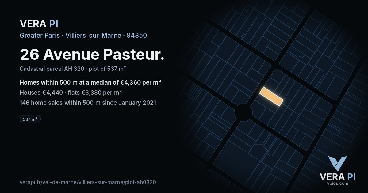 26 Avenue Pasteur, Villiers-sur-Marne at night – the plot lit, the parcels around coloured by the prices near them