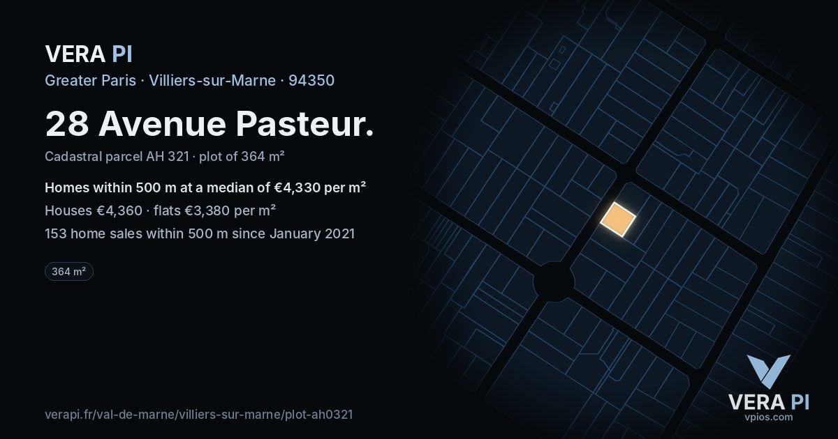 28 Avenue Pasteur, Villiers-sur-Marne at night – the plot lit, the parcels around coloured by the prices near them