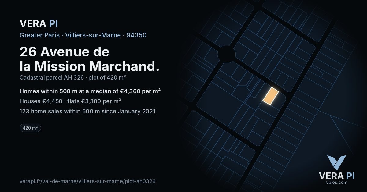 26 Avenue de la Mission Marchand, Villiers-sur-Marne at night – the plot lit, the parcels around coloured by the prices near them