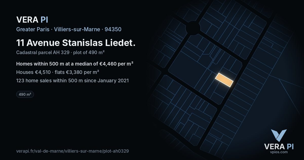 11 Avenue Stanislas Liedet, Villiers-sur-Marne at night – the plot lit, the parcels around coloured by the prices near them