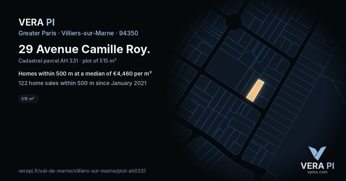29 Avenue Camille Roy, Villiers-sur-Marne at night – the plot lit, the parcels around coloured by the prices near them