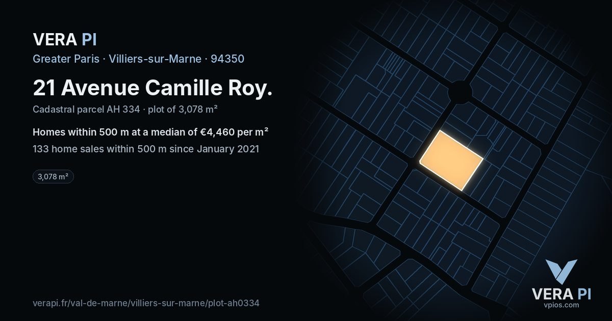 21 Avenue Camille Roy, Villiers-sur-Marne at night – the plot lit, the parcels around coloured by the prices near them