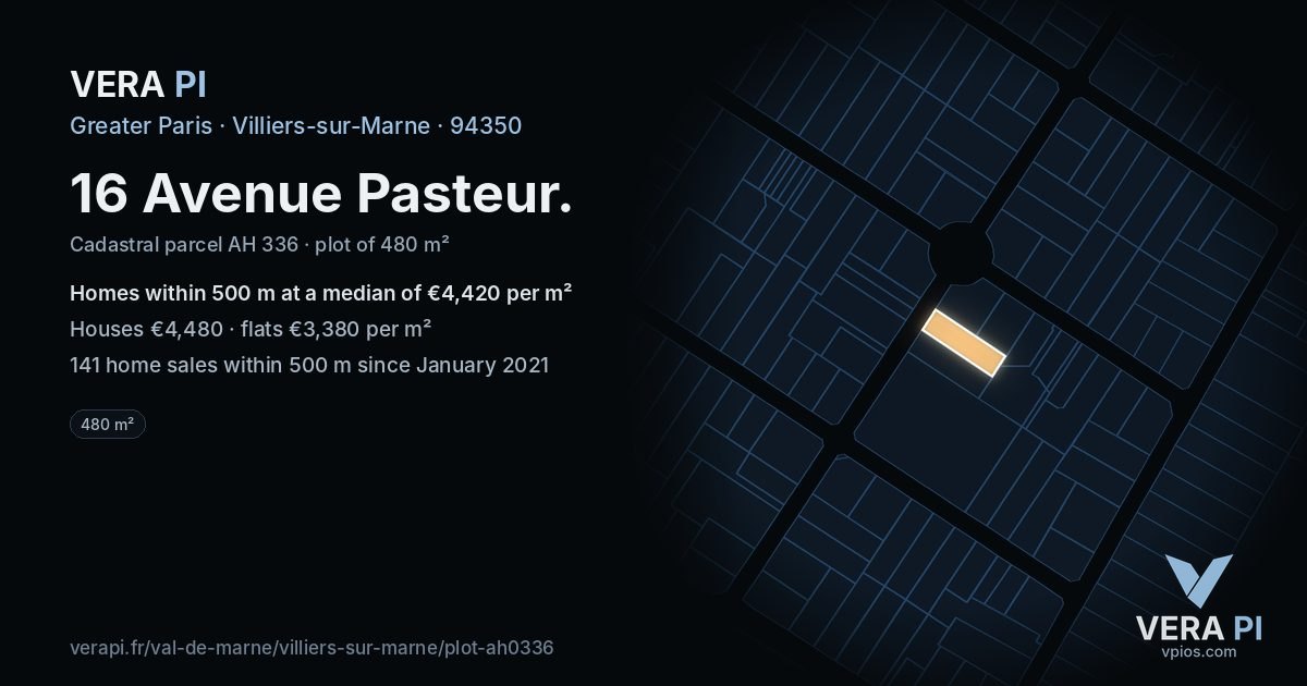 16 Avenue Pasteur, Villiers-sur-Marne at night – the plot lit, the parcels around coloured by the prices near them