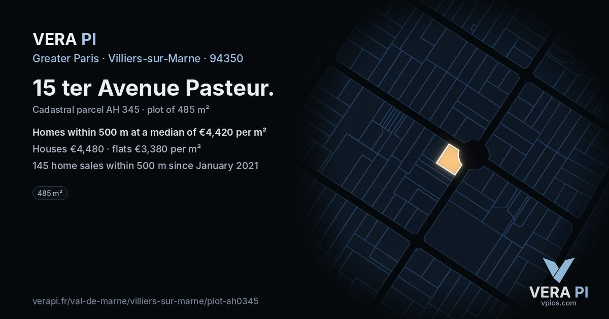 15 ter Avenue Pasteur, Villiers-sur-Marne at night – the plot lit, the parcels around coloured by the prices near them