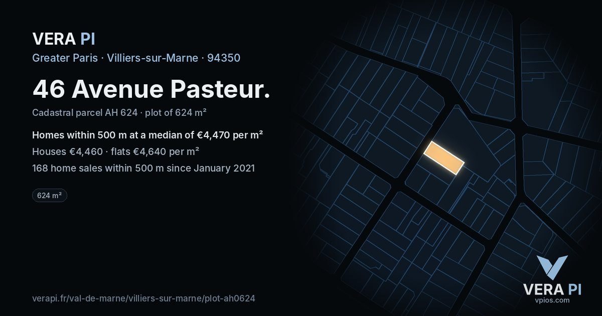 46 Avenue Pasteur, Villiers-sur-Marne at night – the plot lit, the parcels around coloured by the prices near them