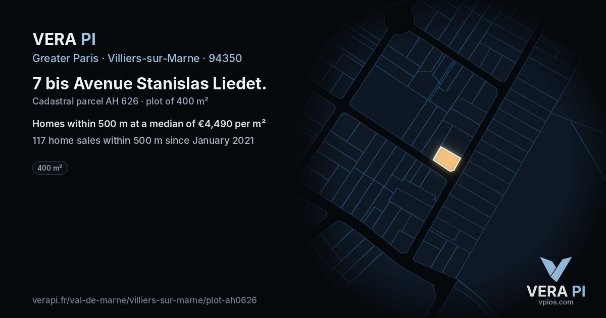 7 bis Avenue Stanislas Liedet, Villiers-sur-Marne at night – the plot lit, the parcels around coloured by the prices near them