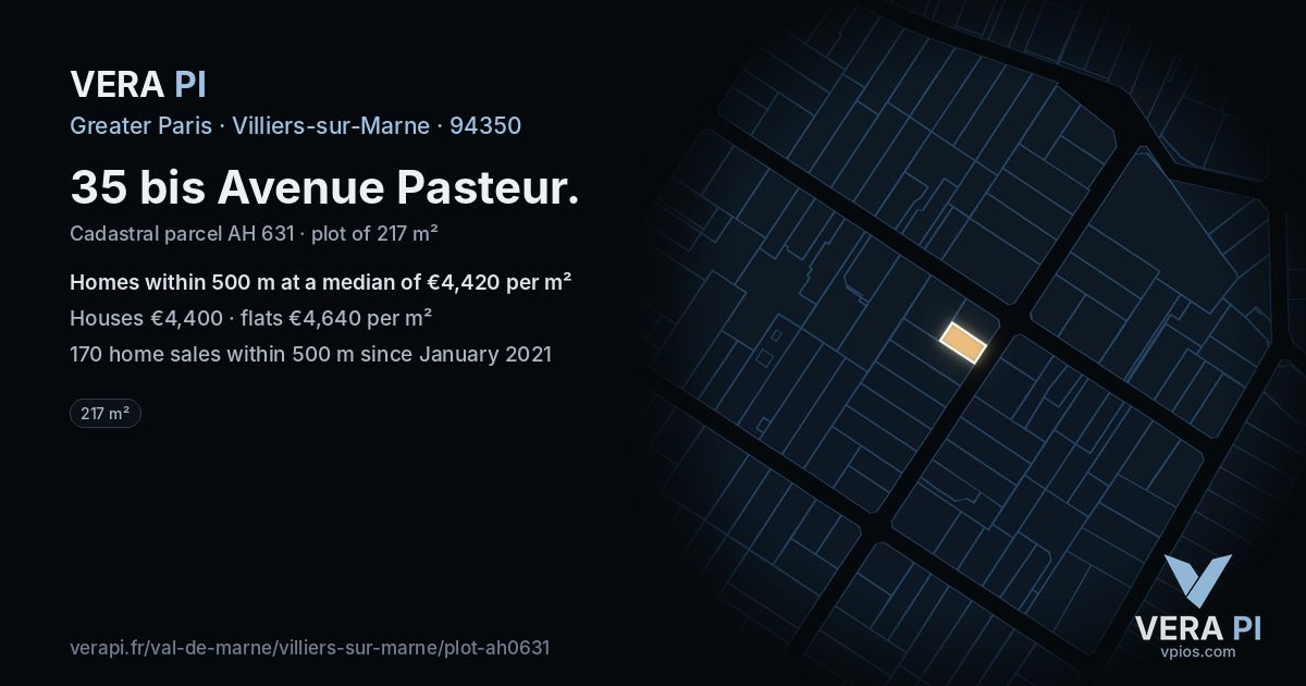 35 bis Avenue Pasteur, Villiers-sur-Marne at night – the plot lit, the parcels around coloured by the prices near them