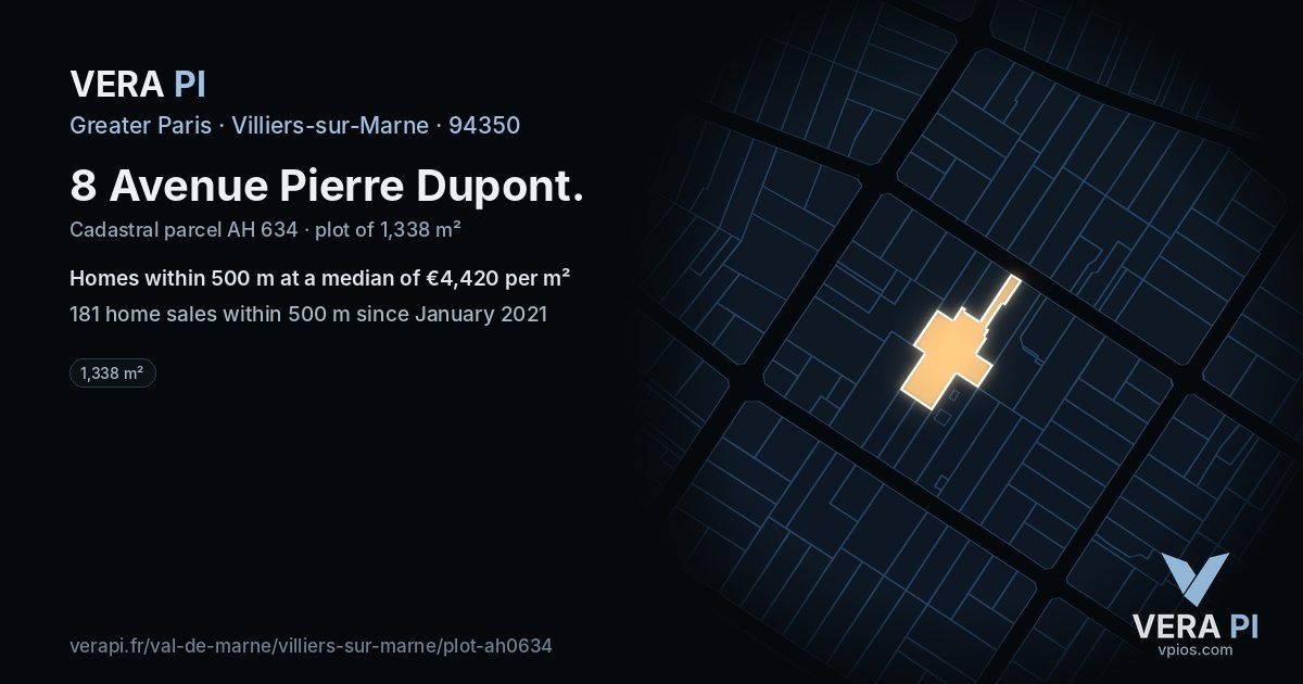 8 Avenue Pierre Dupont, Villiers-sur-Marne at night – the plot lit, the parcels around coloured by the prices near them