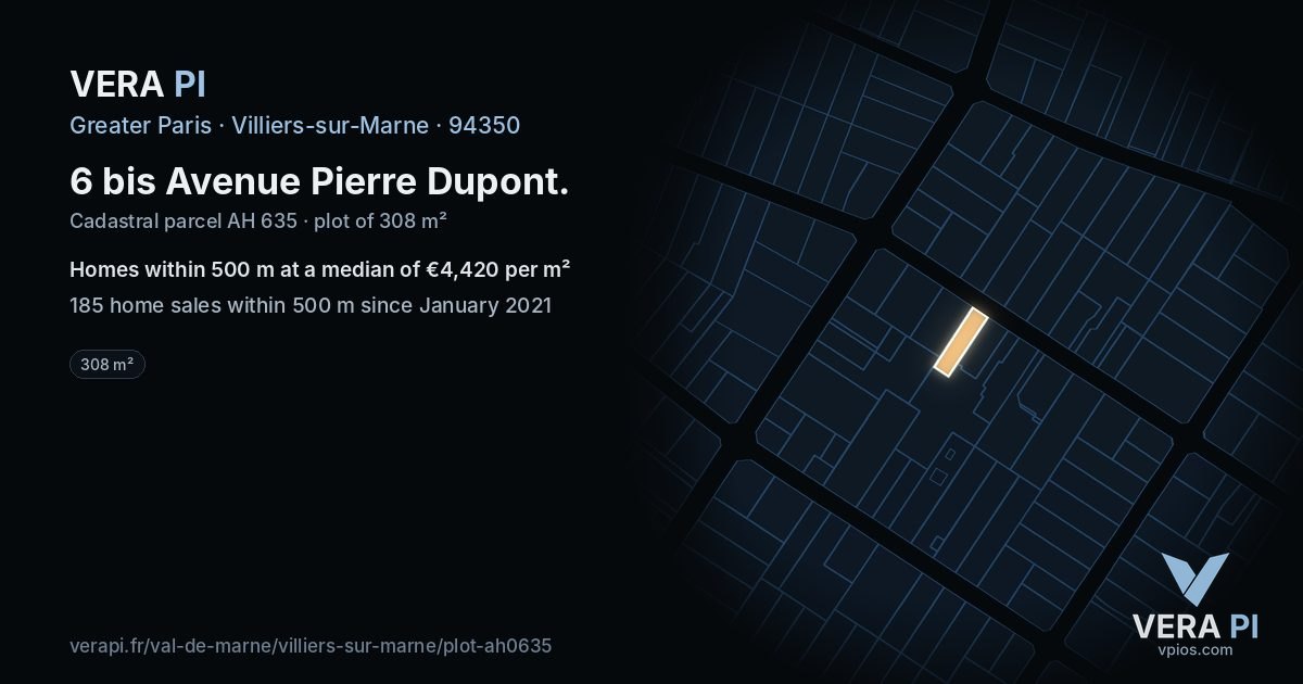 6 bis Avenue Pierre Dupont, Villiers-sur-Marne at night – the plot lit, the parcels around coloured by the prices near them