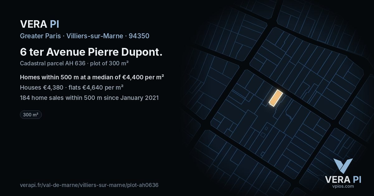 6 ter Avenue Pierre Dupont, Villiers-sur-Marne at night – the plot lit, the parcels around coloured by the prices near them